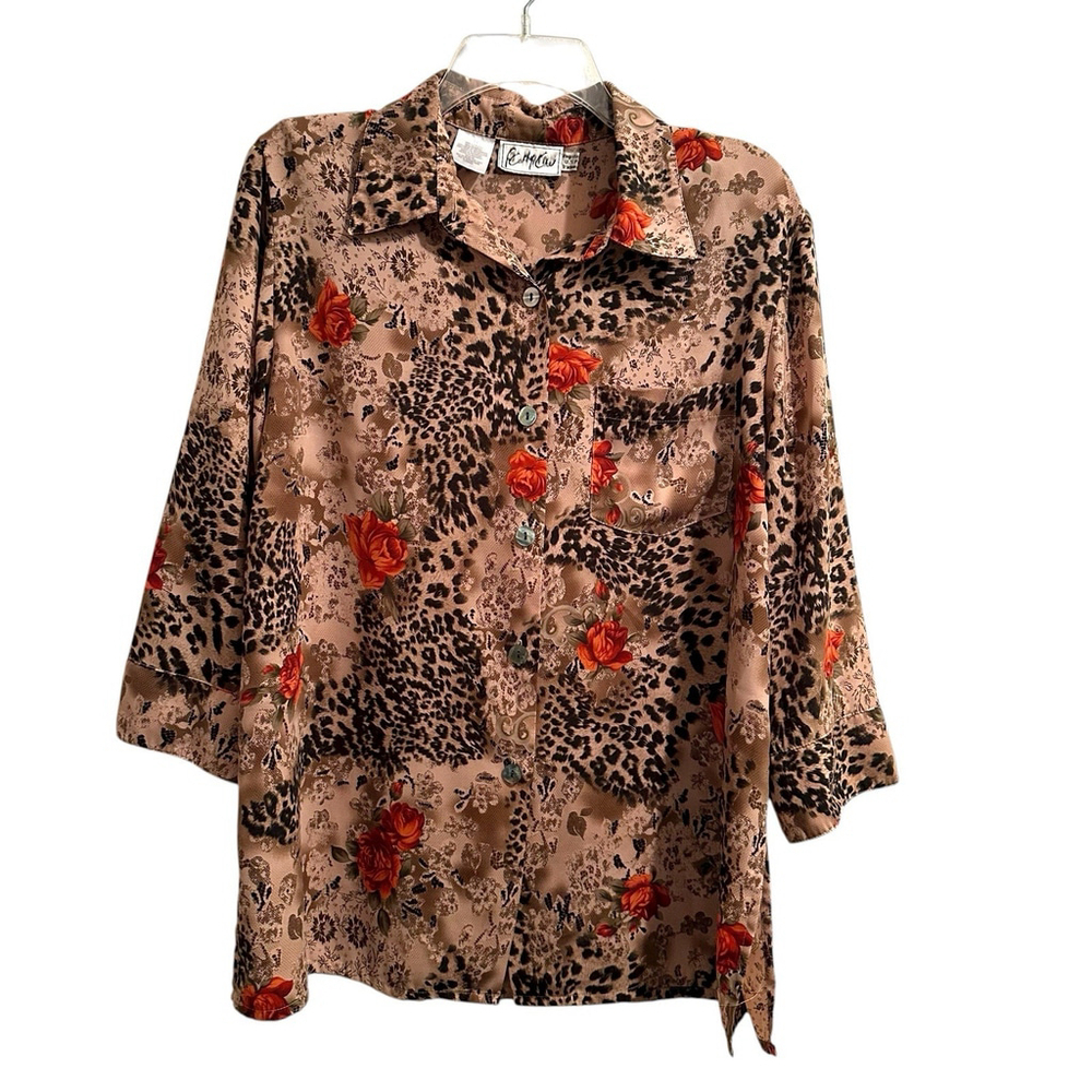 VTG Kathy Che Animal Print Roses Button Blouse Womens 14 Cheetah 3/4 Sleeves.